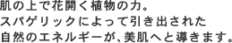 肌の上で花開く植物の力。スパゲリックによって引き出された自然のエネルギーが、美肌へと導きます。